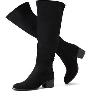 Women's Black Suede Over The Knee Thigh High Chunky Block Heel Pointed Toe Boots